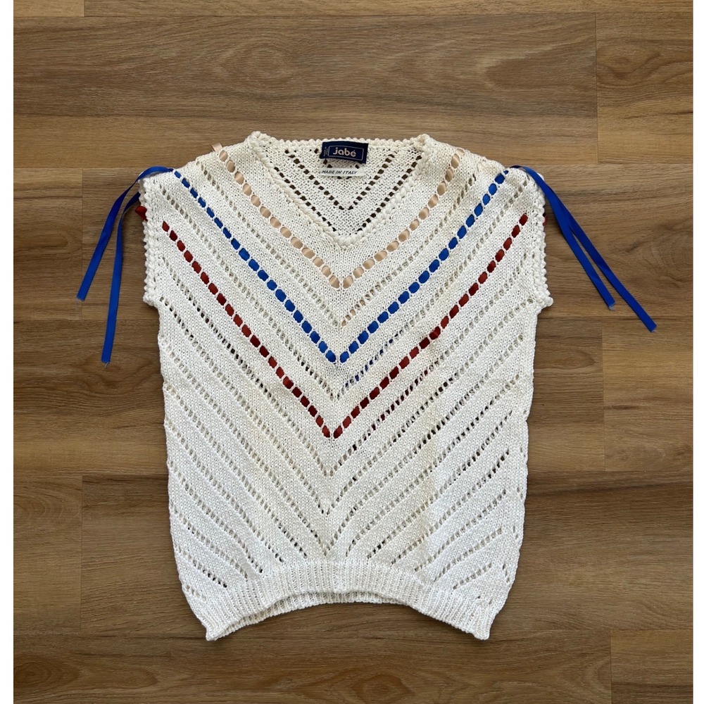 Jabe Vintage Made in Italy‎ Pointelle Knit Ribbon Chevron Sweater Vest Ivory M